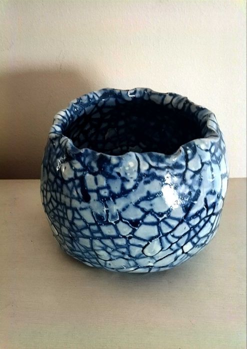 Pote com tampa vidro vintage e pote azul cerâmica pintado