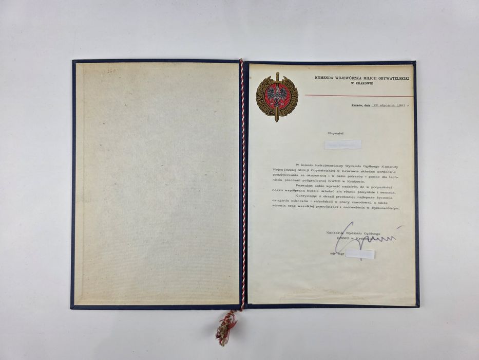 Oryginalne Podziękowanie KWMO Kraków 1981 r. PRL Pamiątka Milicja Obywatelska