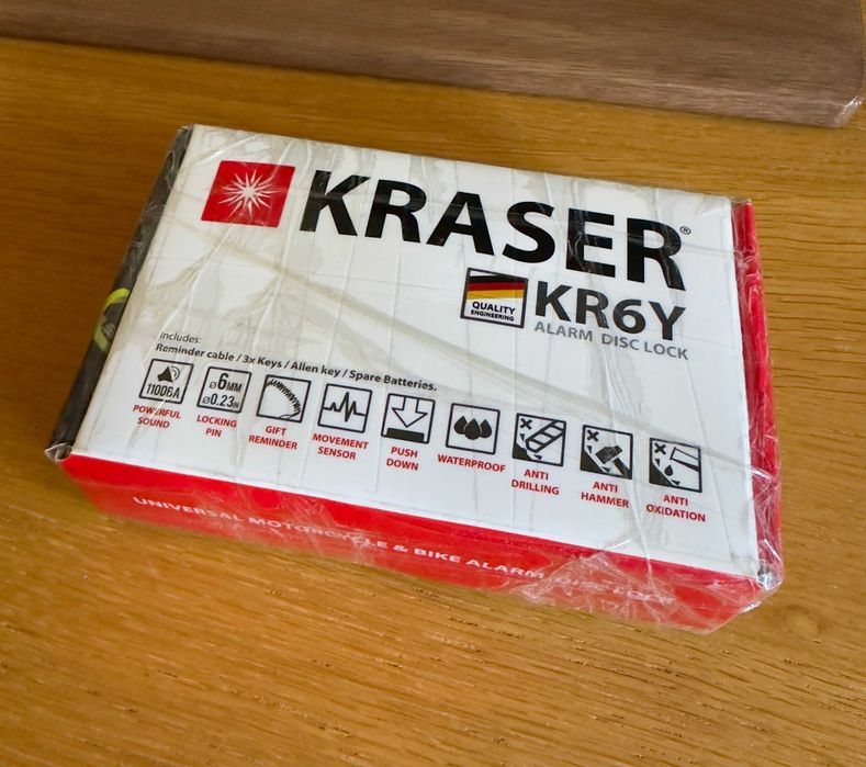 Cadeado de Disco com Alarme Kraser KR6Y (110dB / p/ Mota, Scooter e Bicicleta) – Novo e Selado