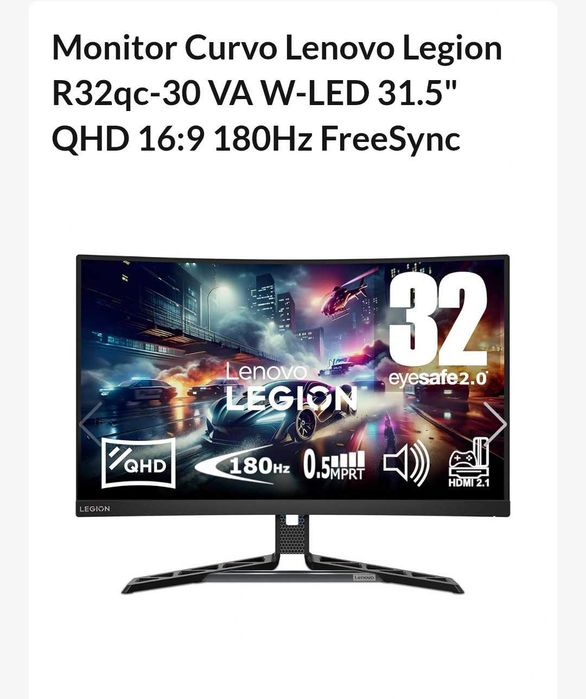 Monitor Curvo Lenovo Legion R32qc-30 VA W-LED 31.5" QHD 16:9 180Hz FreeSync