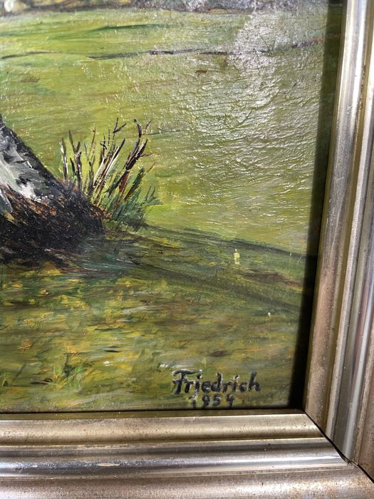 Pejzaż olejny ręcznie malowany brzozy zieleń