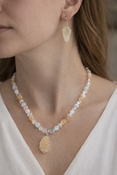 Naszyjnik z cytrynem + kolczyki | kamień księżycowy, kryształ górski