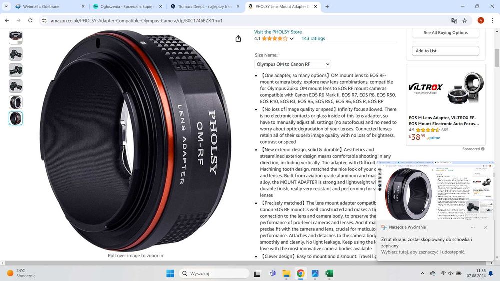 Adapter mocowania obiektywu