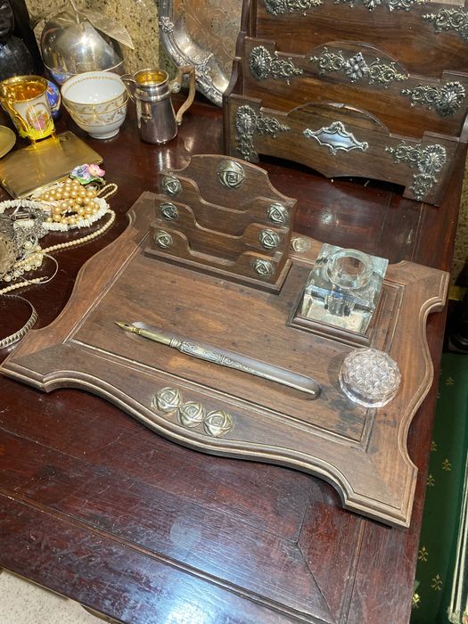 Tinteiro Secretária Pau Santo Prata Portuguesa Javali 31,5 por 23,5 cm