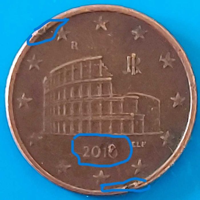 5 Cêntimos de 2018  da Itália, Coliseu Defeito cunhagem