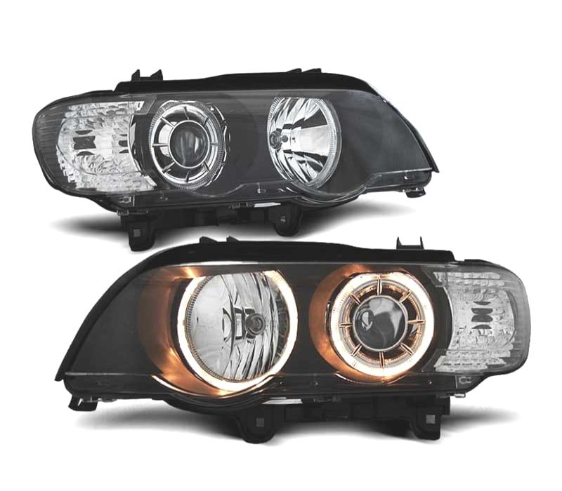 FARÓIS ANGEL EYES BMW X5 E53 00-03 FUNDO PRETO