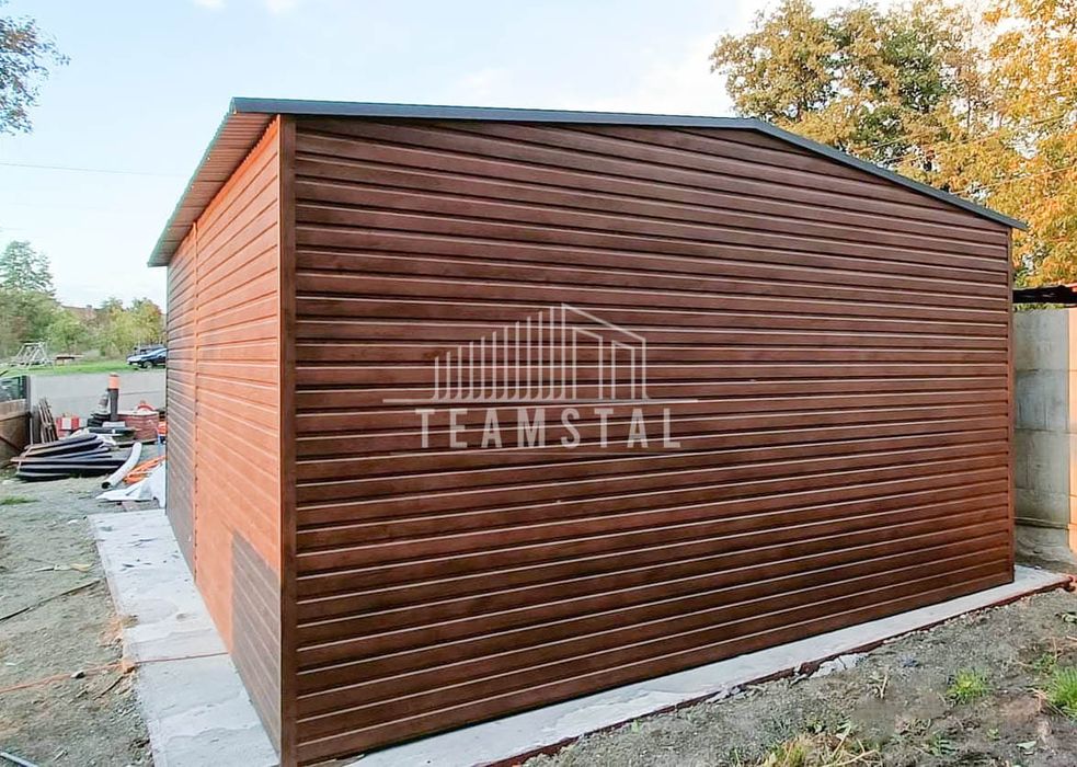 GARAŻ BLASZANY 5m x 7m dwuspad - Brama - ciemny orzech TS236 5x7