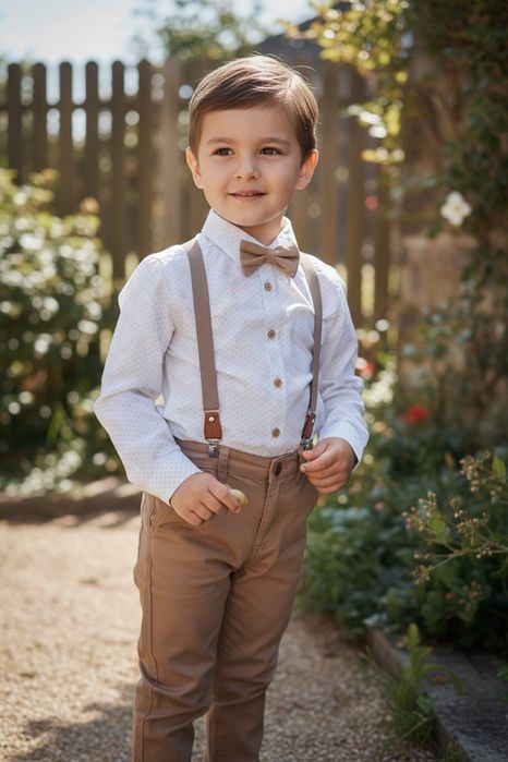 Elegancki komplet chłopięcy 9 lat | beżowy | koszula + spodnie + mucha