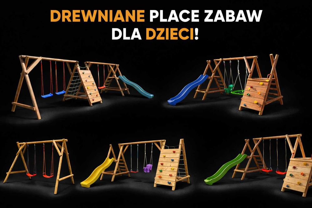 Drewniany Plac do Ogrodu SMERF WYSOKA Ścianka Ślizg 2Huśtawki