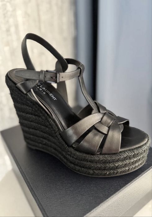 Saint Laurent Women's Tribute Wedge Espadrille Sandals Leather Size 37