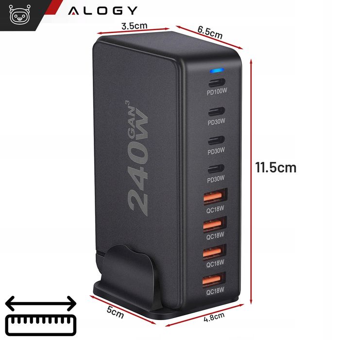 Ładowarka Sieciowa Alogy 240W GaN3 8w1 4xUSB-C 4xUSB-A