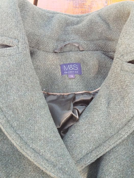 Zielony khaki krótki płaszcz dwurzędowy z wełną M&S L 40