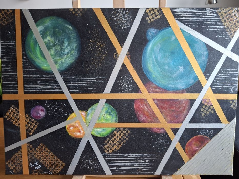 Unikatowy obraz strukturalny  ręcznie malowany – abstrakcja kosmos