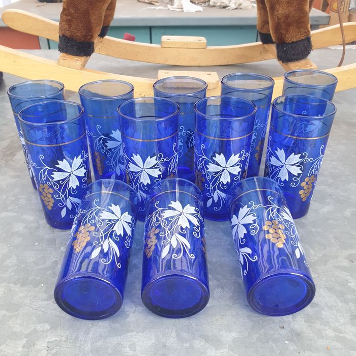 Vintage Blue Juice Glasses with grape and flower design Italy 35