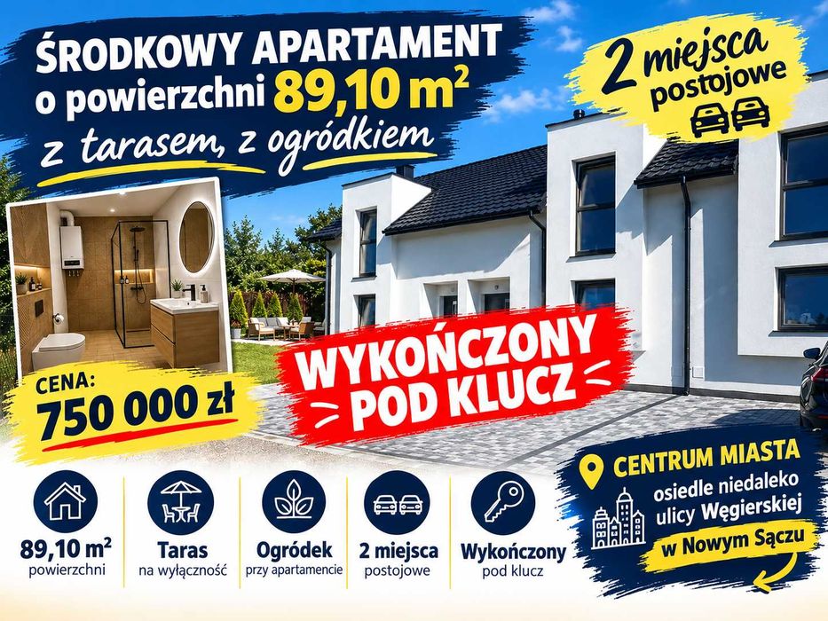 Apartament dwupoziomowy 89,10m2 w zabudowie szeregowej wykończony!| Nowy Sącz  | Parking | Ogródek.