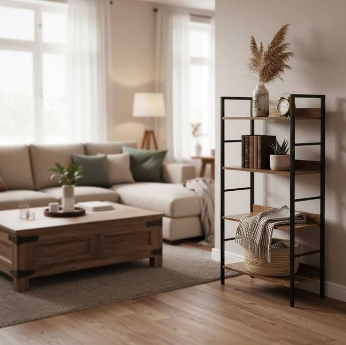 NOWY Regał Industrialny Loft 125 Cm 4 Półki Metalowy Drewniany Na Książki Kwiaty Dekoracje Czarny Postarzany Dąb Wyposarzenie Wnętrz
