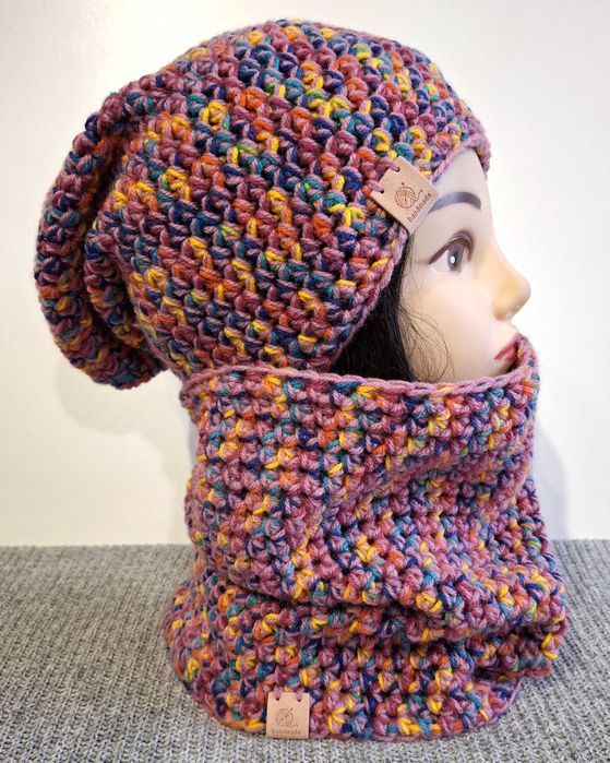 Kolorowy zestaw czapka smerfetka z wysokim kominem handmade