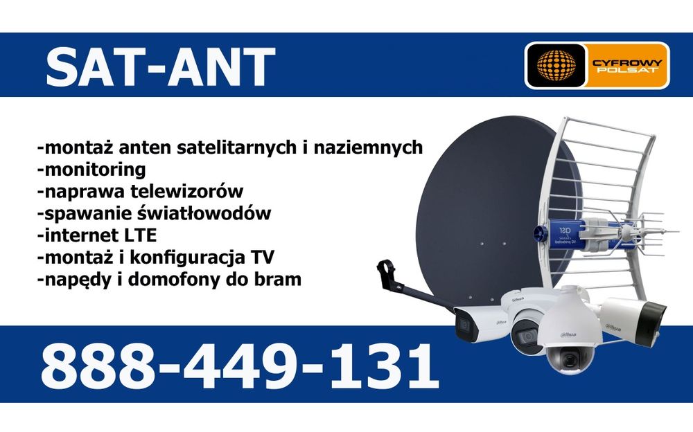 Montaż, ustawienie anteny sat, DVB-T, monitoring, naprawa tv