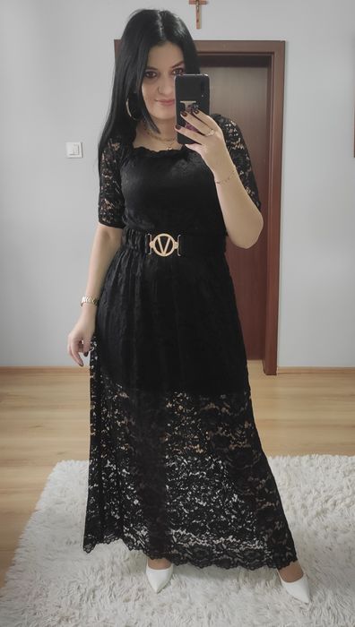 Sukienka długa maxi czarna koronka z paskiem