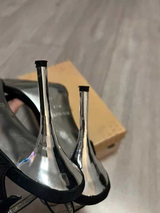 Czarne sandałki na szpilce, srebrny obcas, buty damskie 39