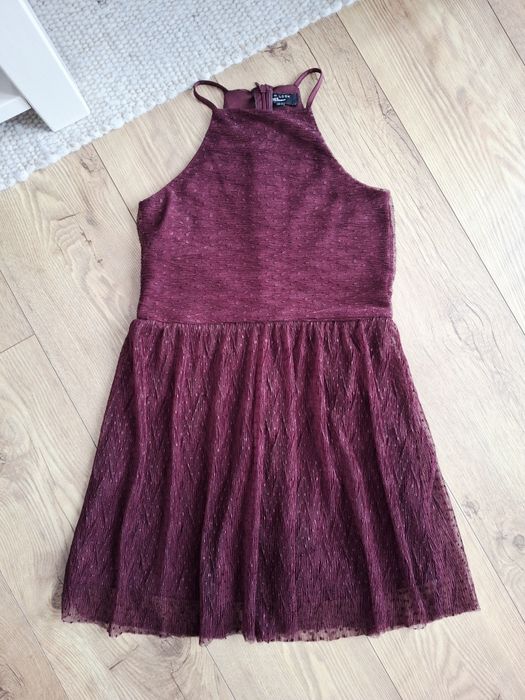 140cm 146cm, śliczna bordowa sukienka, tiulowa sukienka w kropki