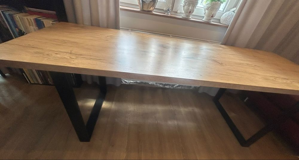Duży stół industrialny 220×76 cm blat dębowy laminat i metalowe nogi Loft