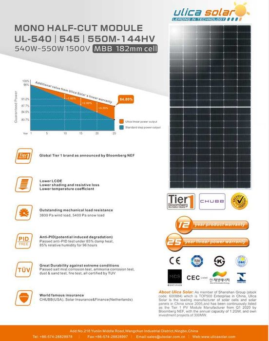 Сонячна панель Ulica Solar UL-550M-144HV (550 Вт) моно + підставка