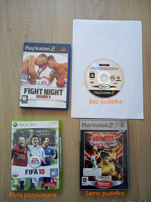 ps2(fight night round 3, fifa 07), pudełko tekken 5, xbox 360(fifa 10)