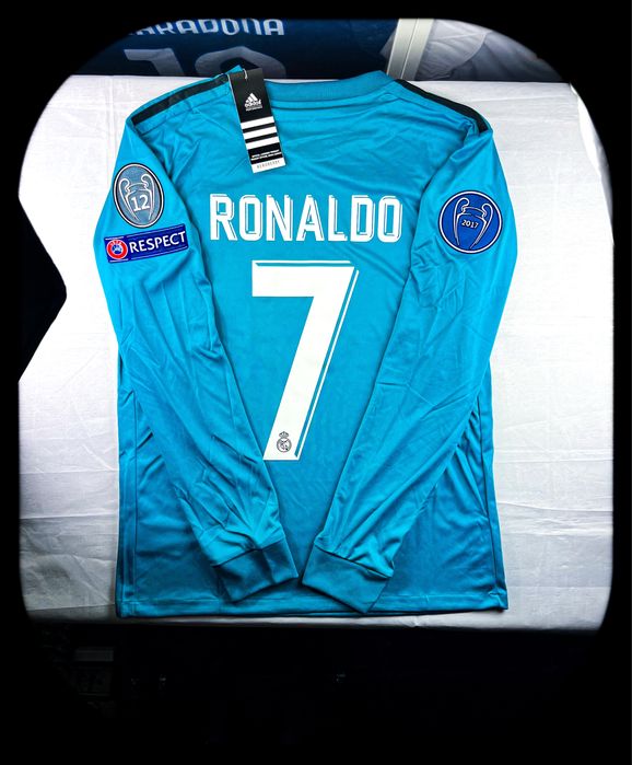 (L) CRISTIANO RONALDO 7 REAL MADRYT 17/18 LIGA MISTRZÓW LONG SLEEVE Turkusowa Wyjazdowa Bluza Piłkarska Koszulka z Długim Rękawem | Champions League