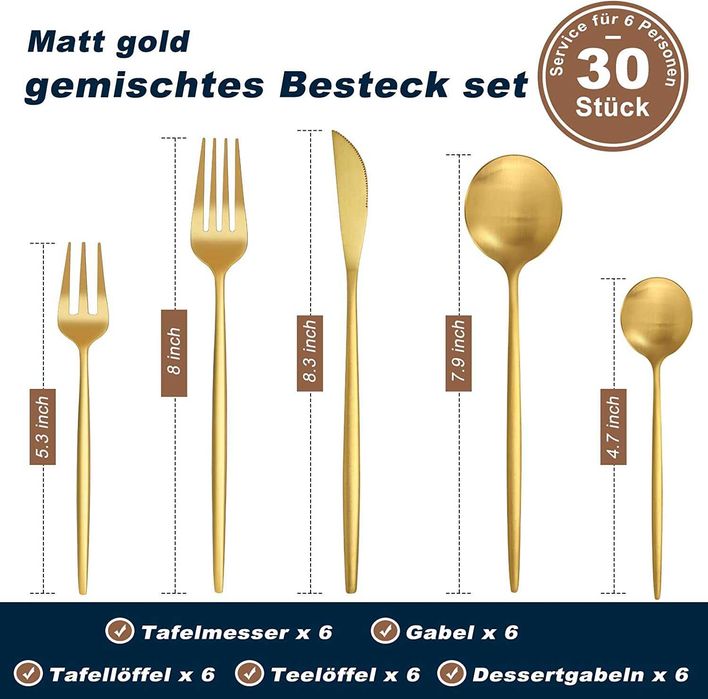 Conjunto de talheres novos dourados mate, 30 peças