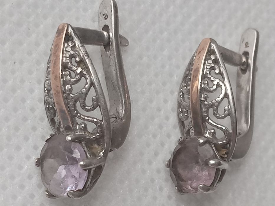 Серьги серебряные с золотой пластиной вставка аметист 925 375 натуральный камень