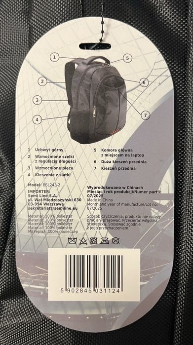 Plecak Miejski Czarny Na Laptopa Laptopowy 15,6 cala 23l Semi Line