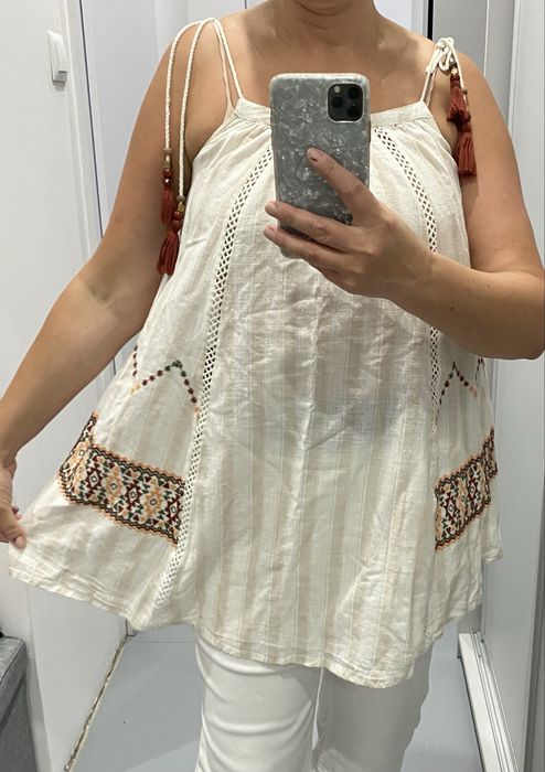 Bluzka letnia boho kremowo biało beżowa na ramiączkach primark s-m bawełna