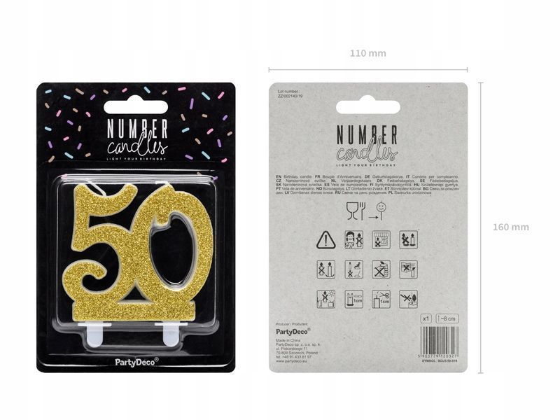 świeczka urodzinowa na tort cyfra 50 duża złota