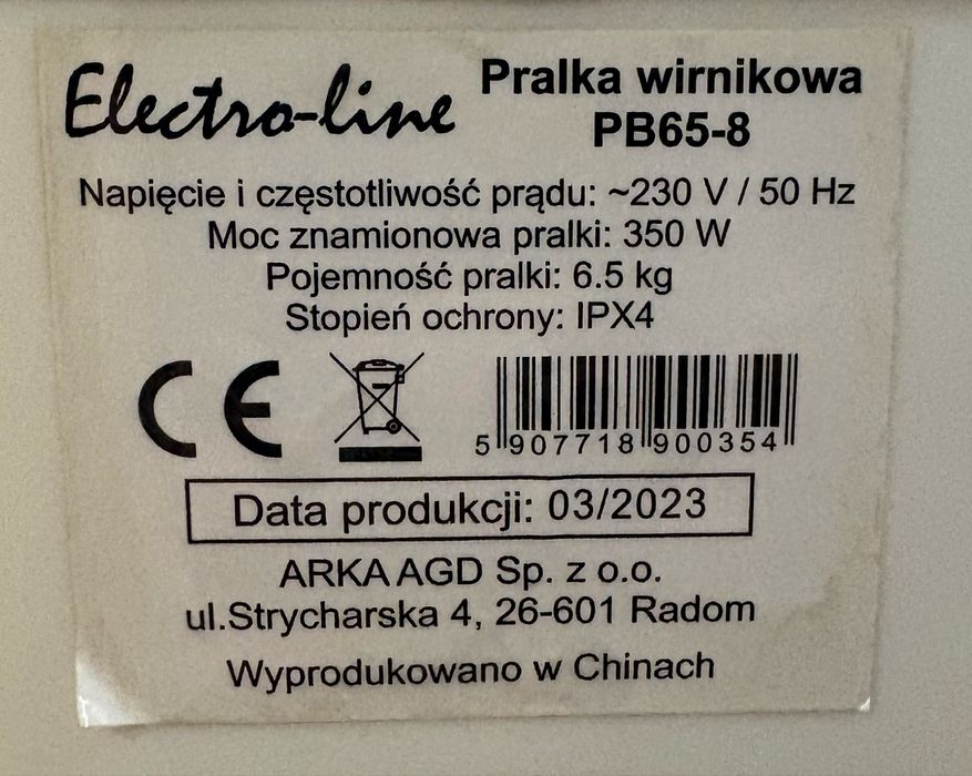 Pralka wirnikowa electro line PB-65-8 niski pobòr pradu, lekka