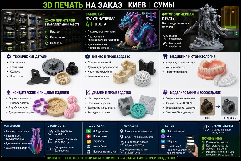 3D печать на заказ 4 цвета  Сумы Киев | Bambu Lab мультиматериал 4 цвета | фотополимерная печать | модели по фото и чертежам быстро и недорого