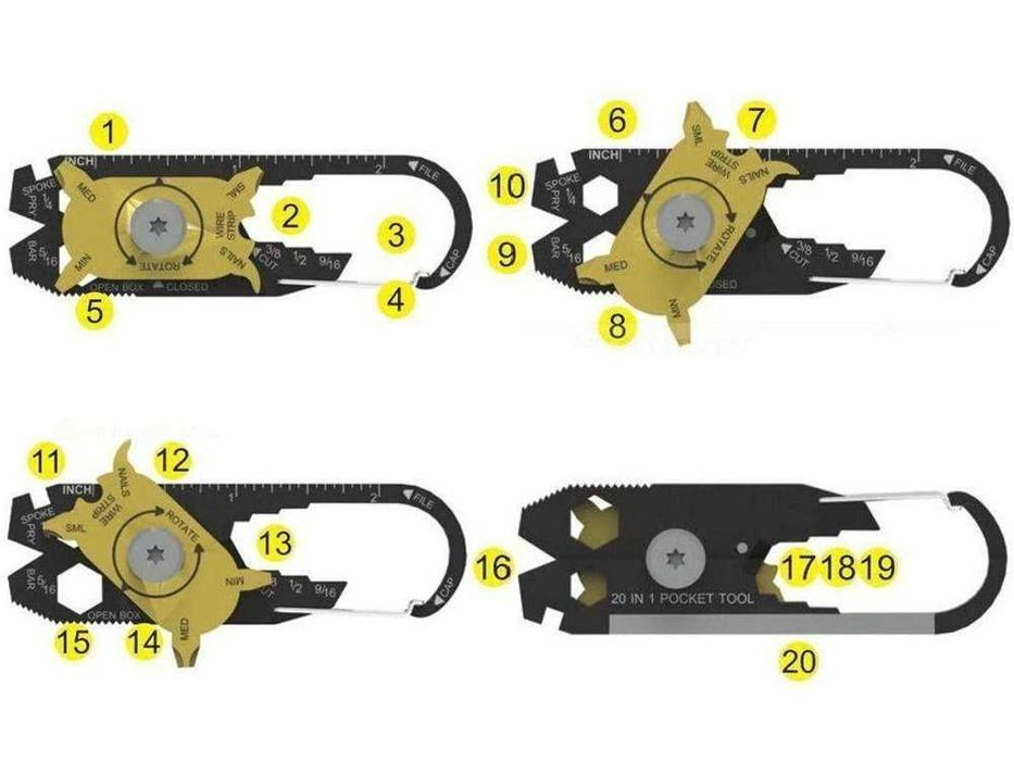 Brelok karabińczyk nóż multitool przeżycia 20w1