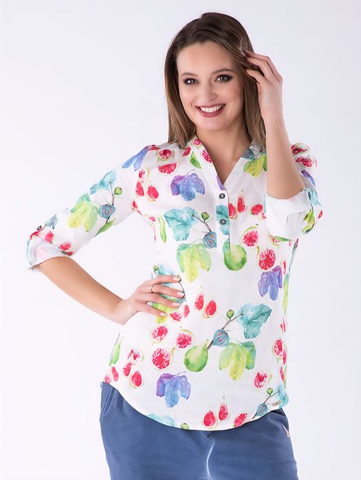 Lniana tunika/koszula 100% len | Owocowy print | Oversize | V-neck | NOWA