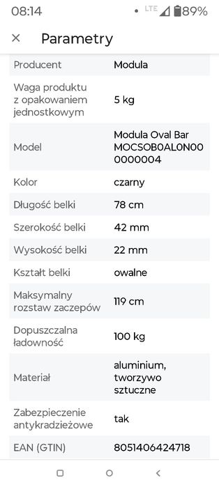 Bagażnik bazowy Modula OVAL BAR czarny - relingi zintegrowane