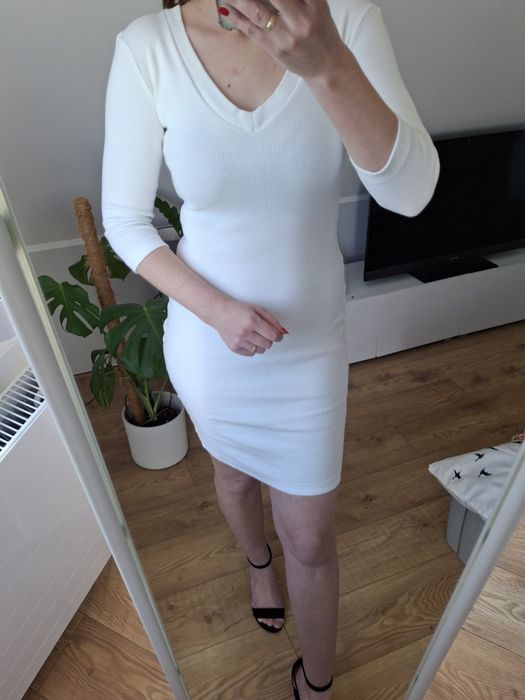 Rozmiar XS S, Lila Lou biała prążkowana sukienka, dopasowana obcisła