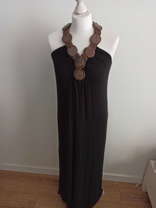 Sukienka maxi długa boho etno drewniany naszyjnik