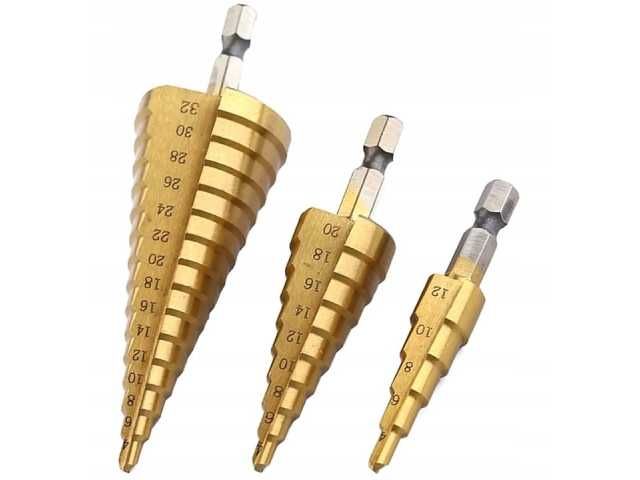 Wiertła stopniowe stożkowe 3 sztuki