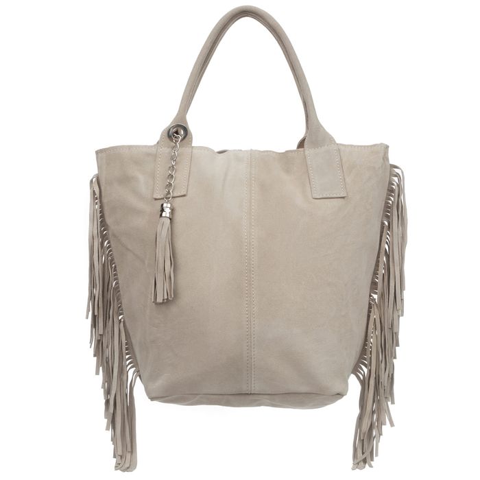 VERA PELLE torebka zamszowa shopper z frędzlami V460 j.beżowa