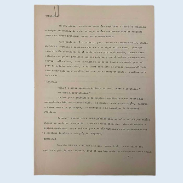 Discurso 1º Comício Centro de Trabalho 1º Bairro de Lisboa PCP