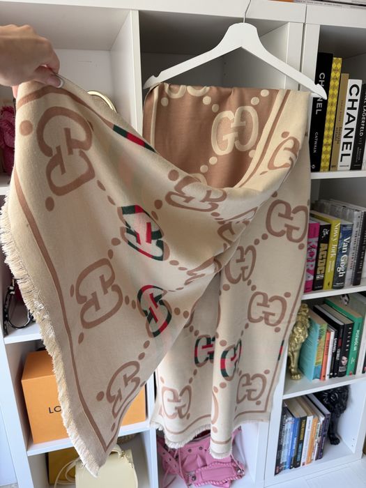 Duży szalik Gucci monogram szal dwustronny beżowy premium
