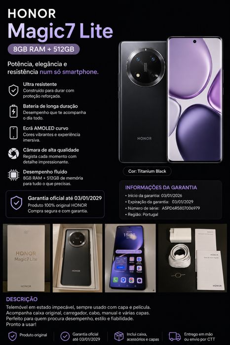 HONOR Magic7 Lite 5G – 8GB RAM + 512GB | Titanium Black | Garantia até 03/01/2029