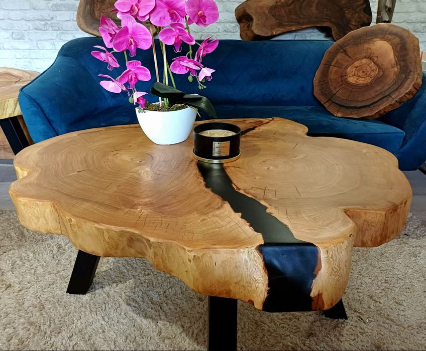 Stolik kawowy 104x84cm LIVE EDGE plaster drewna loft