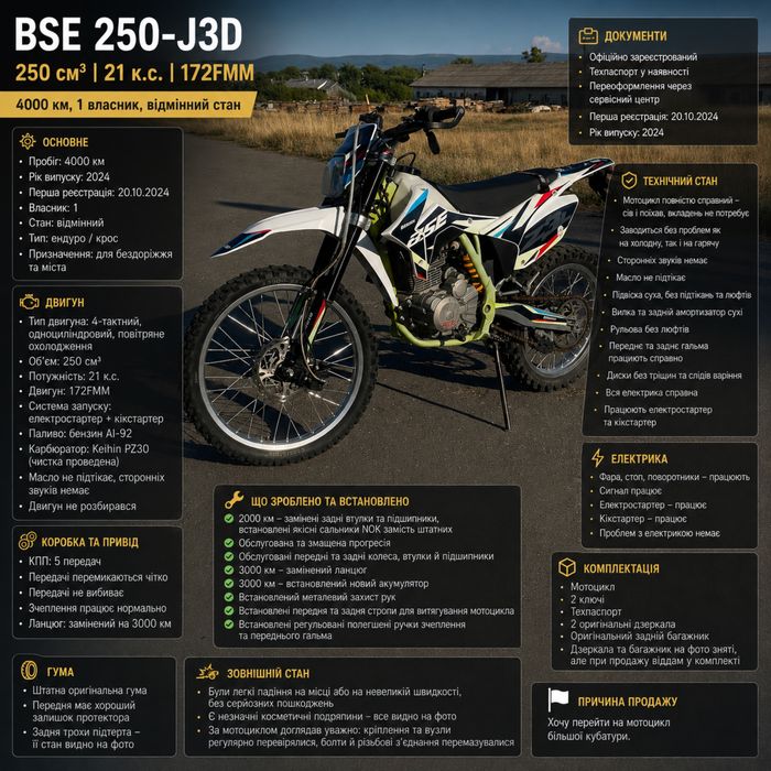 BSE 250 J3D 250 см³ 21 к.с. 172FMM — 4000 км, 1 власник, без вкладень