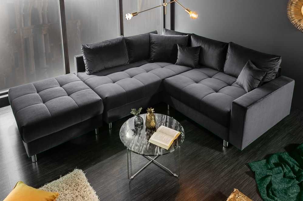 Elegancki narożnik do salonu z pufa i funkcją spania