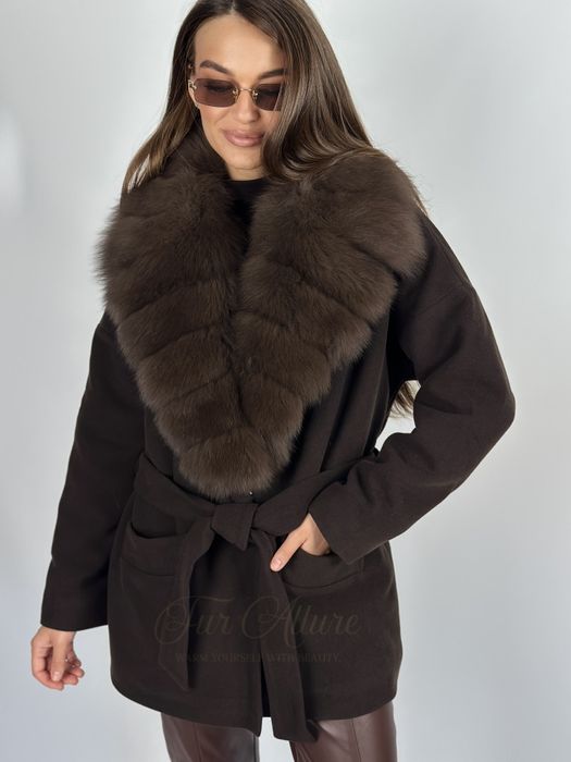 Жіноче кашемірове шоколадне пальто з натуральним хутро песця,42-56р